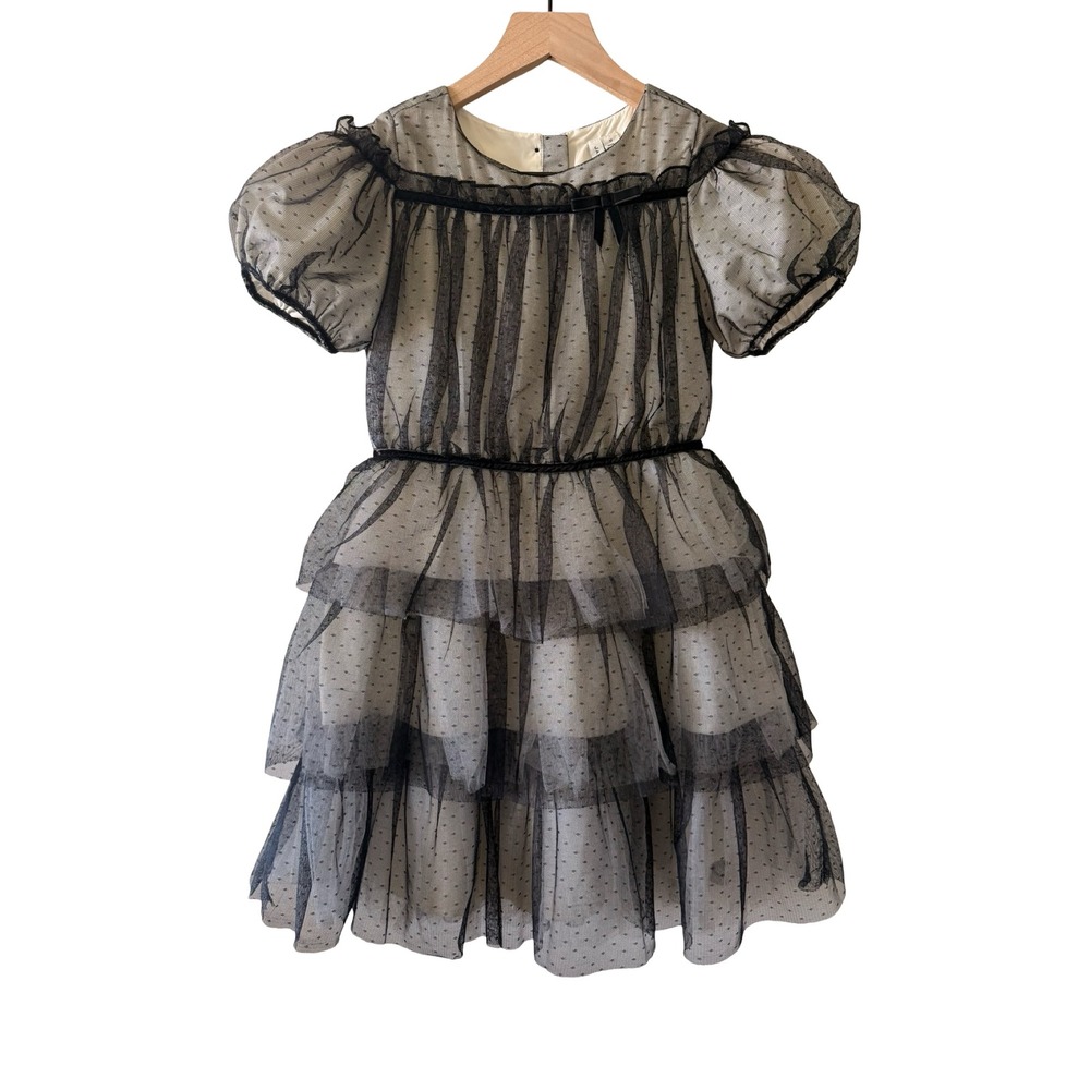 Janie and Jack Dot Tiered Tulle Dress Girls 12 Black Cream Polka Dot Puff Sleeve